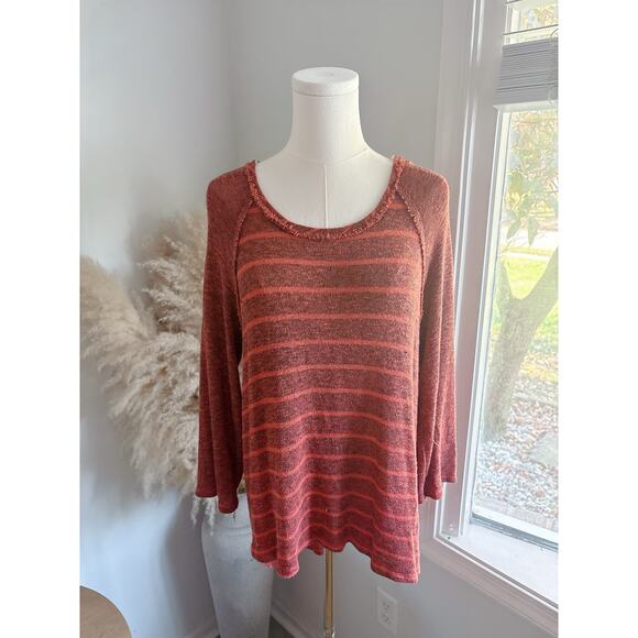 Free People Coral Stripe Long Sleeve Sweater Medium Boatneck Raw Edge Baseball T - Picture 1 of 6